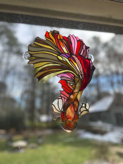 A stained-glass betta fish suncatcher in warm reds, golds, oranges, and pinks with long flowing fins, hanging in a window against a wooded outdoor view.